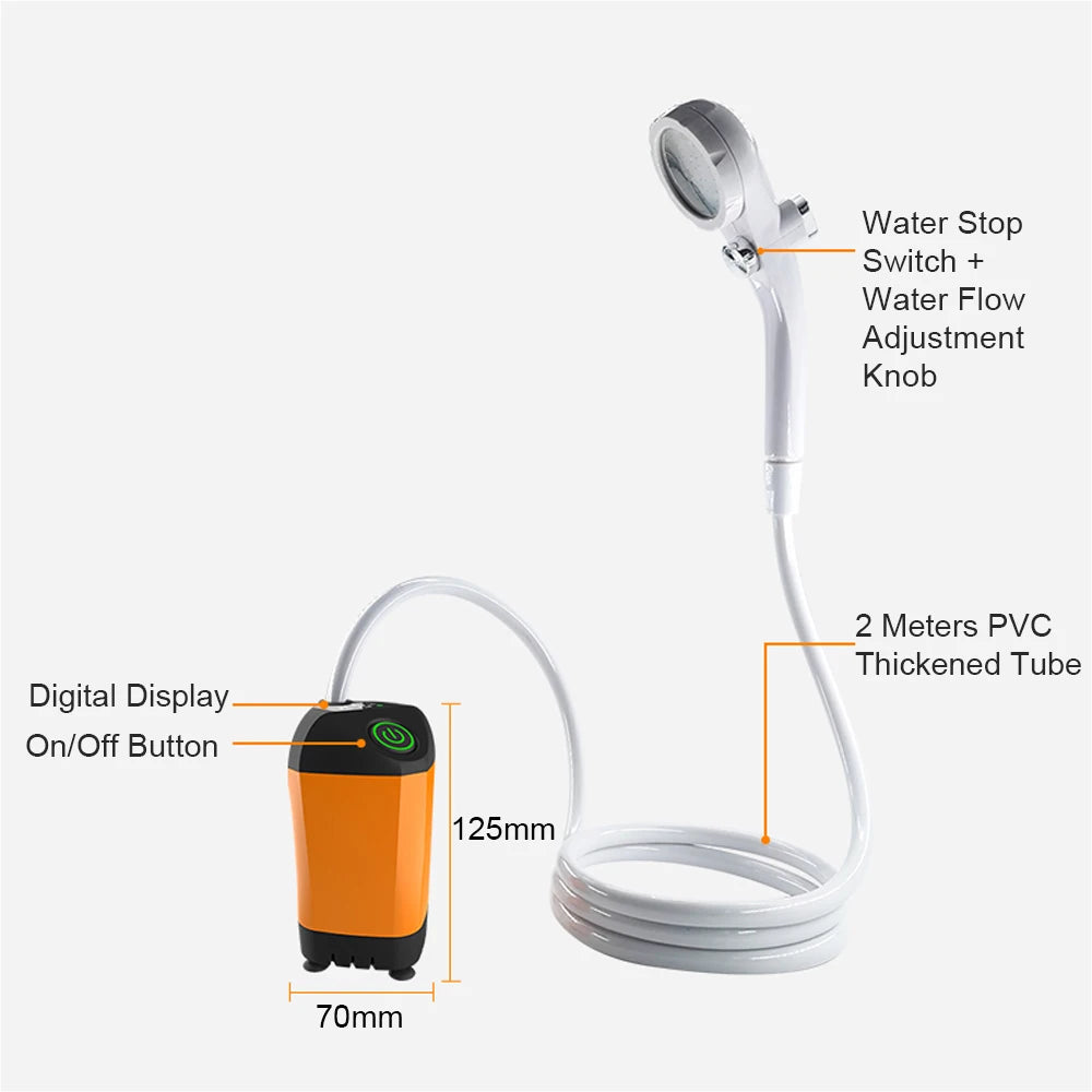 Outdoor Camping Shower Portable Electric Shower Pump Waterproof with Digital Display for Camping Hiking Travel Pet Watering